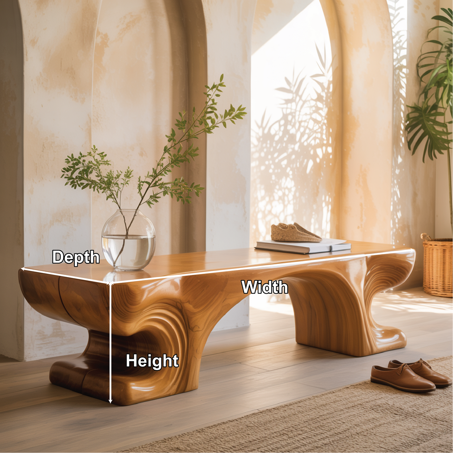 Handcrafted Solid Wood Entryway Bench with Sculpted Organic Base and Smooth Modern Finish Kitchnce