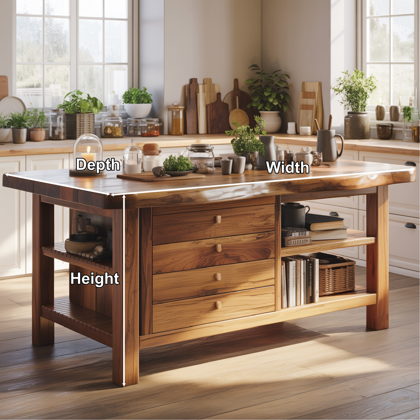 Handcrafted Solid Wood Kitchen Island with Drawers, Open Shelves, and Natural Live-Edge Top Kitchnce