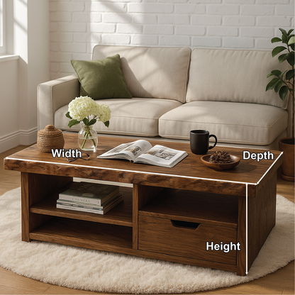 Handcrafted Solid Wood Coffee Table with Drawer and Open Shelves in Natural Live Edge Design Kitchnce