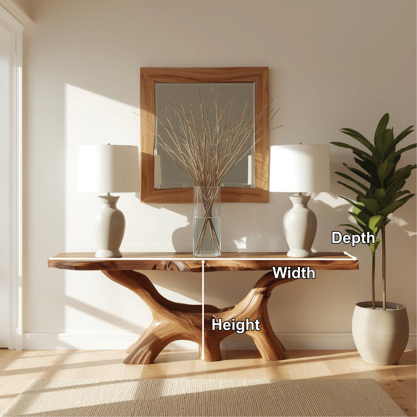 Handcrafted Solid Wood Console Table with Natural Live Edge and Organic Sculptural Base Kitchnce