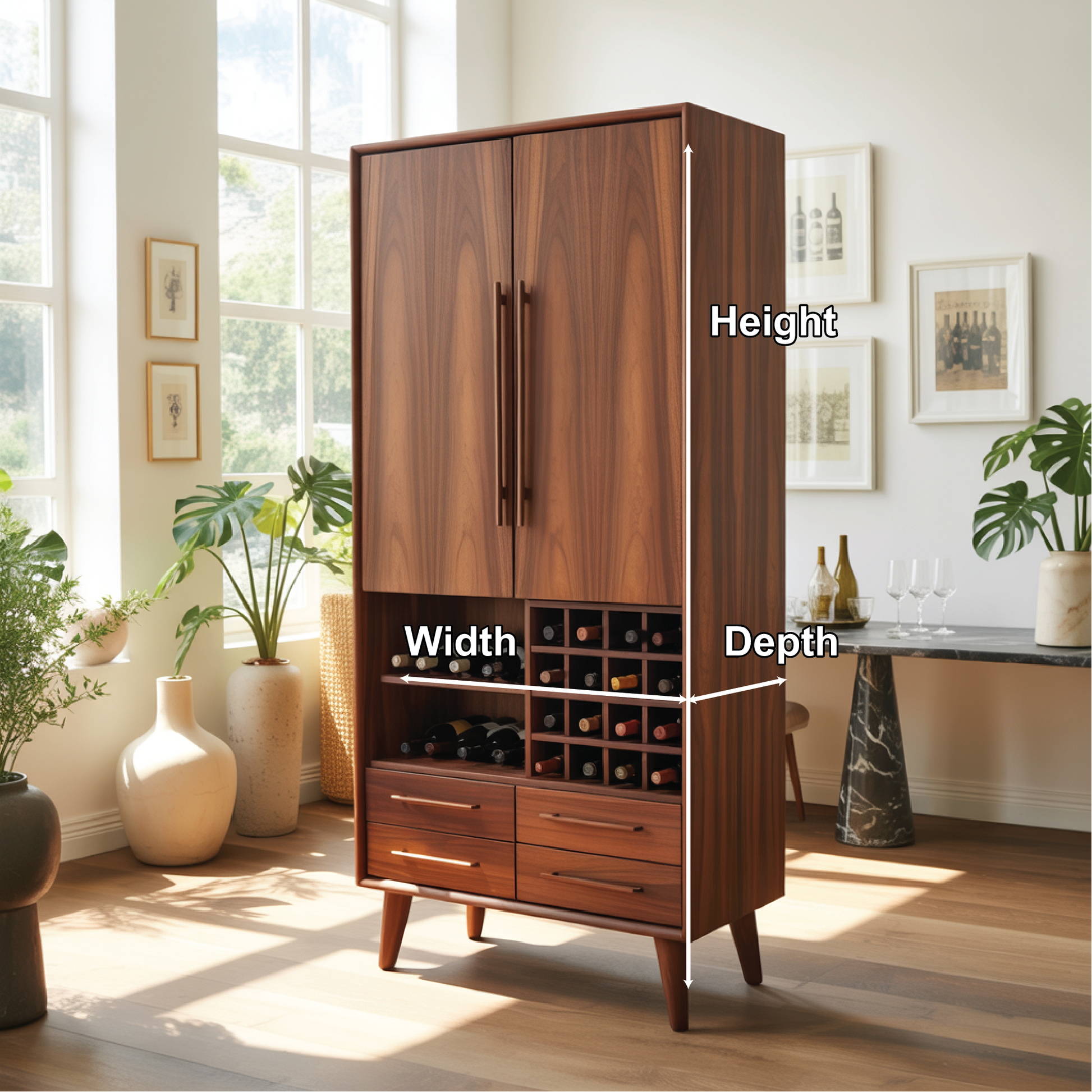Handcrafted Solid Wood Dining Cabinet with Wine Rack, Tall Double Doors and Storage Drawers Kitchnce