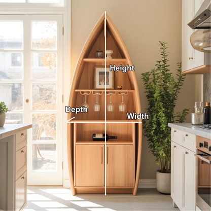 Handcrafted Solid Wood Boat-Shaped Dining Cabinet with Glass Rack and Lower Storage Doors Kitchnce