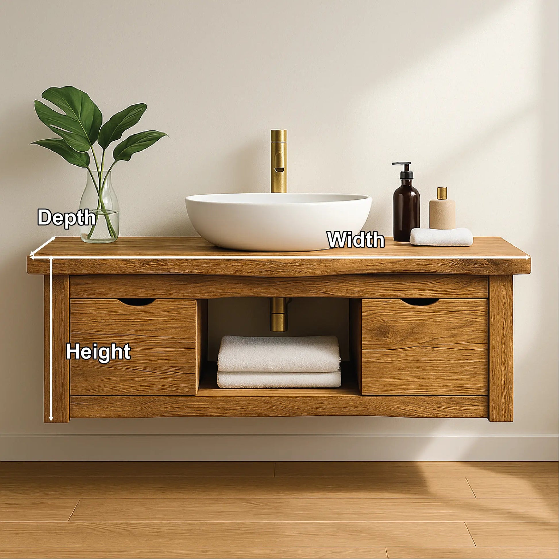 Handcrafted Solid Wood Floating Vanity with Minimalist Design and Dual Drawer Bathroom Storage Kitchnce