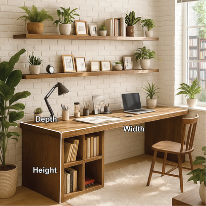 Handcrafted Solid Wood Work Desk – Long Home Office Table with Bookshelf and Natural Finish Kitchnce