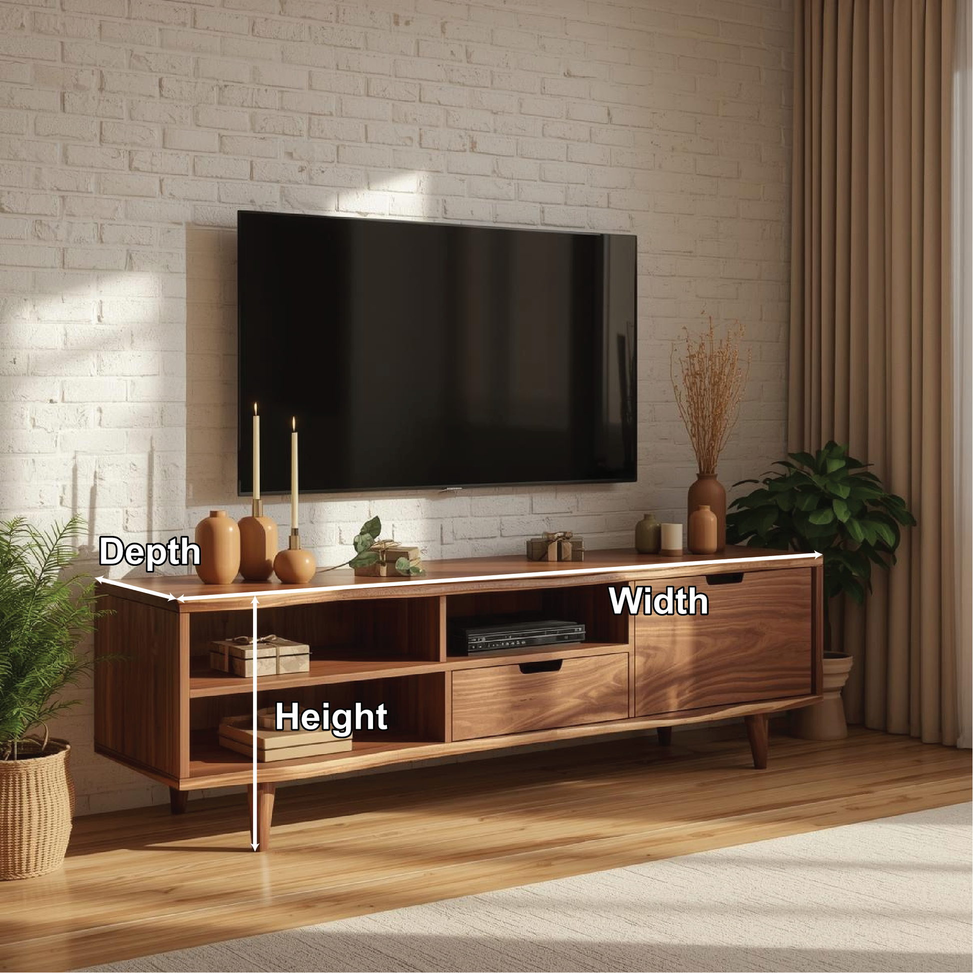 Handcrafted Solid Wood TV Stand with Mid-Century Modern Design and Open Storage Shelves Kitchnce