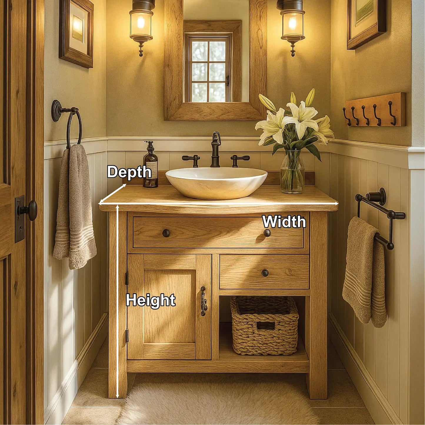Handcrafted Solid Wood Bathroom Vanity with Drawer and Cabinet Storage in Natural Wood Finish Kitchnce