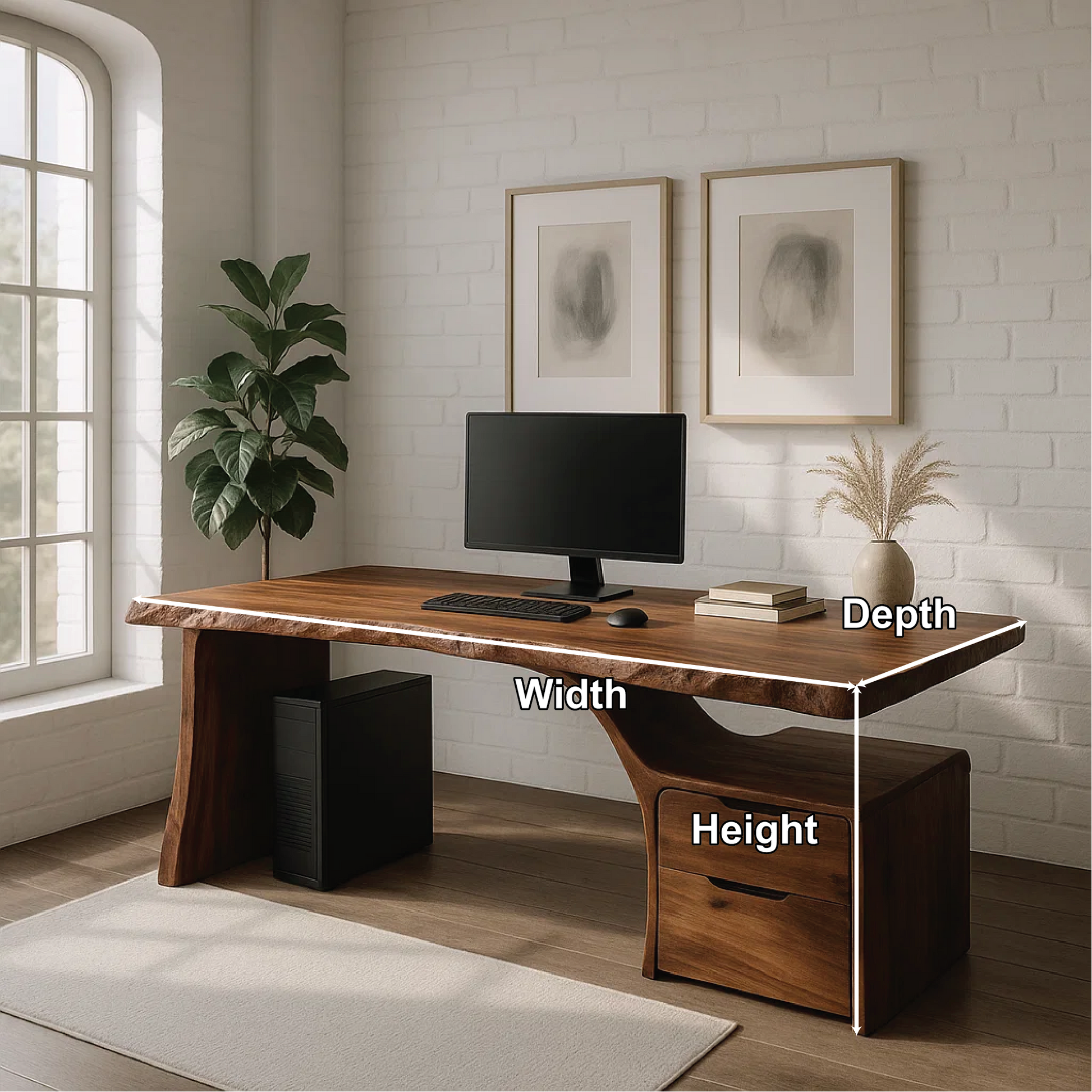 Handcrafted Solid Wood Work Desk – Live Edge Office Table with Organic Curved Base and Drawers Kitchnce