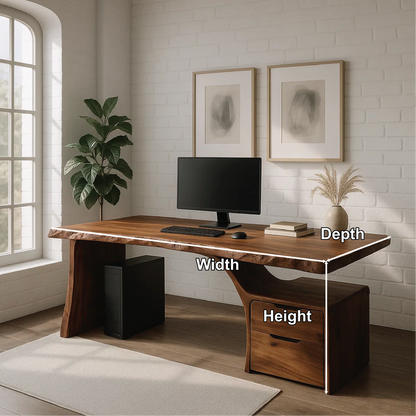 Handcrafted Solid Wood Work Desk – Live Edge Office Table with Organic Curved Base and Drawers Kitchnce