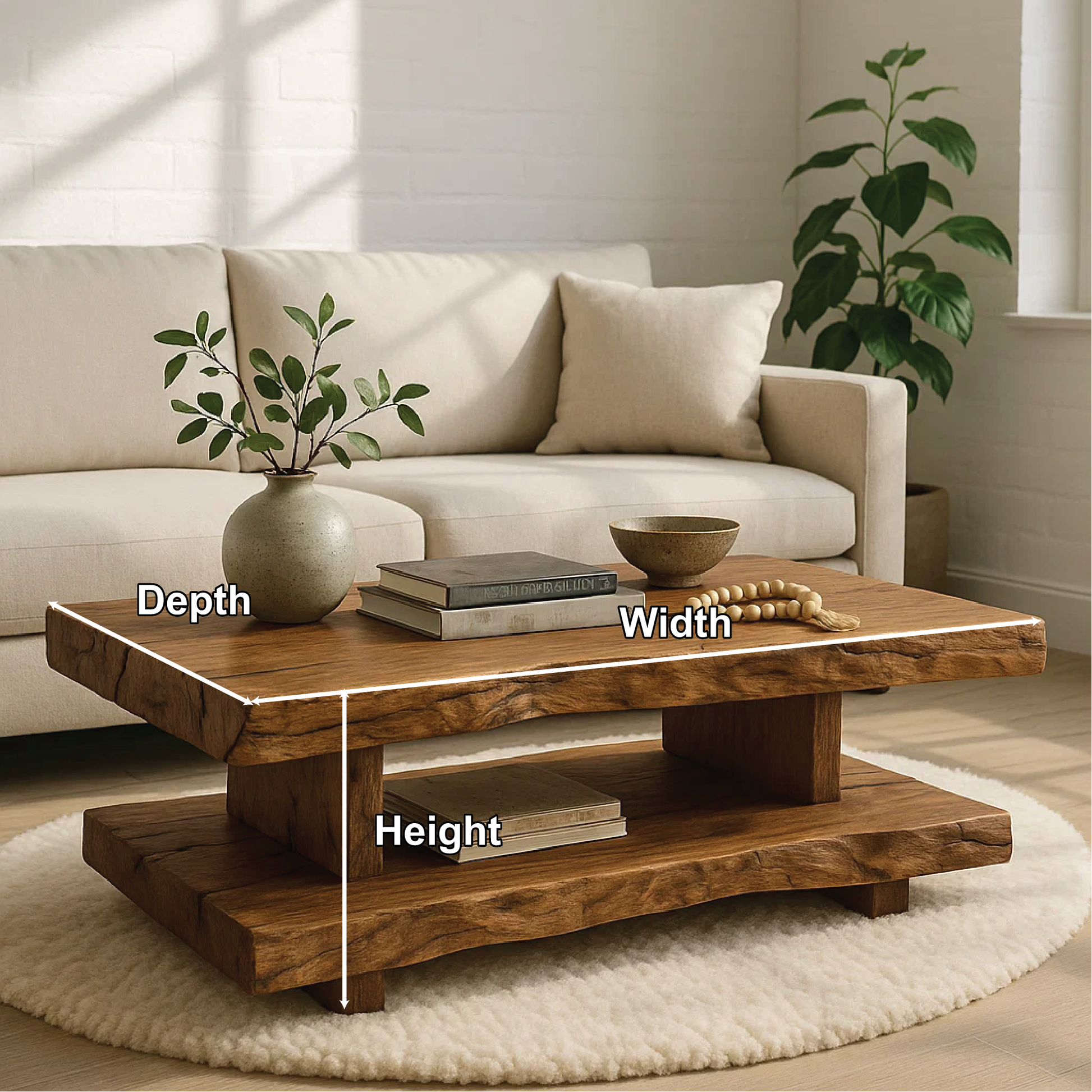 Handcrafted Solid Wood Coffee Table with Double Live Edge Shelves and Natural Rustic Finish Kitchnce