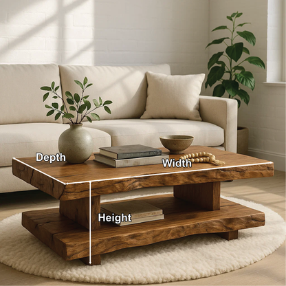 Handcrafted Solid Wood Coffee Table with Double Live Edge Shelves and Natural Rustic Finish Kitchnce