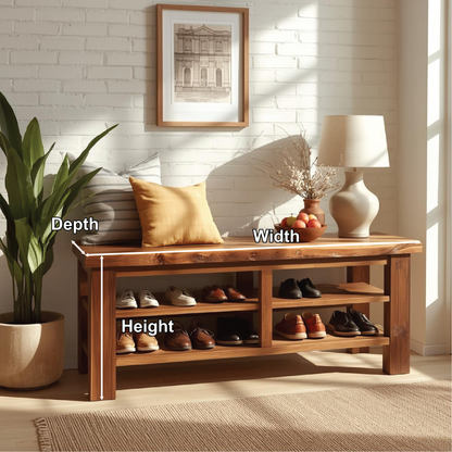 Handcrafted Solid Wood Entryway Bench with Live Edge Top and Multi-Tier Shoe Storage Shelves Kitchnce