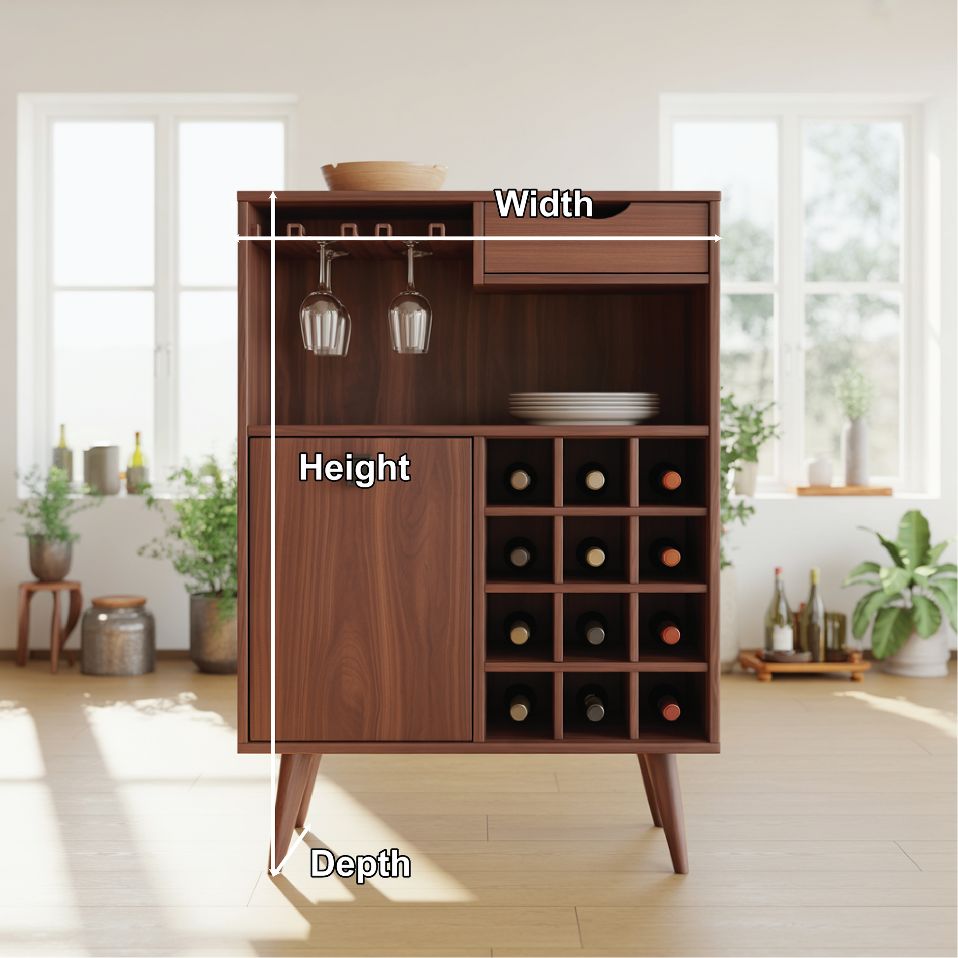 Handcrafted Solid Wood Dining Cabinet with Wine Rack, Glass Holder, Drawer and Storage Door Kitchnce
