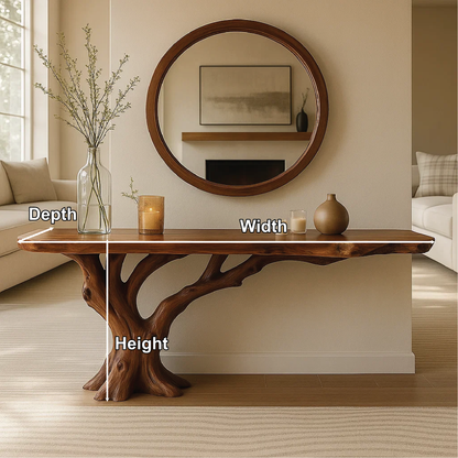 Handcrafted Solid Wood Console Table with Tree Trunk Base and Natural Live Edge Design Kitchnce