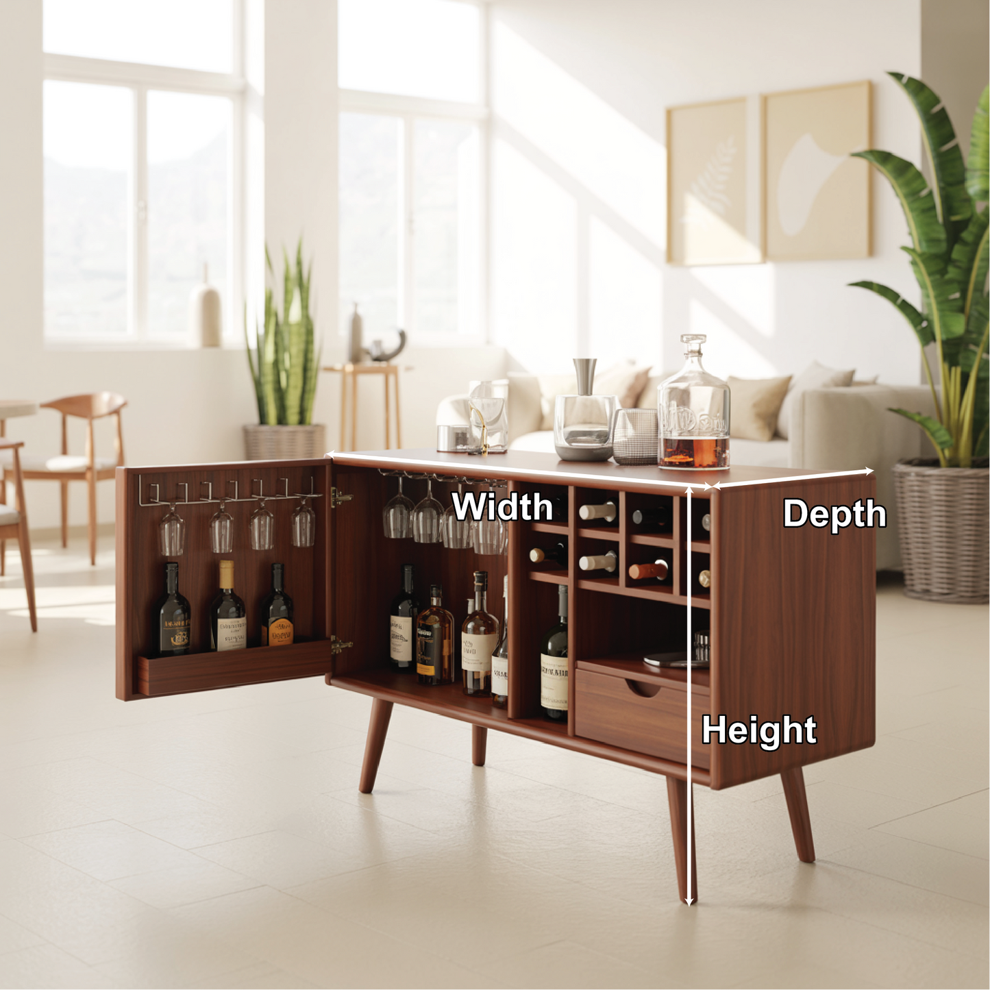 Solid Wood Wine Storage Cabinet with Glass Holders, Bottle Racks and Modern Mid-Century Design Kitchnce