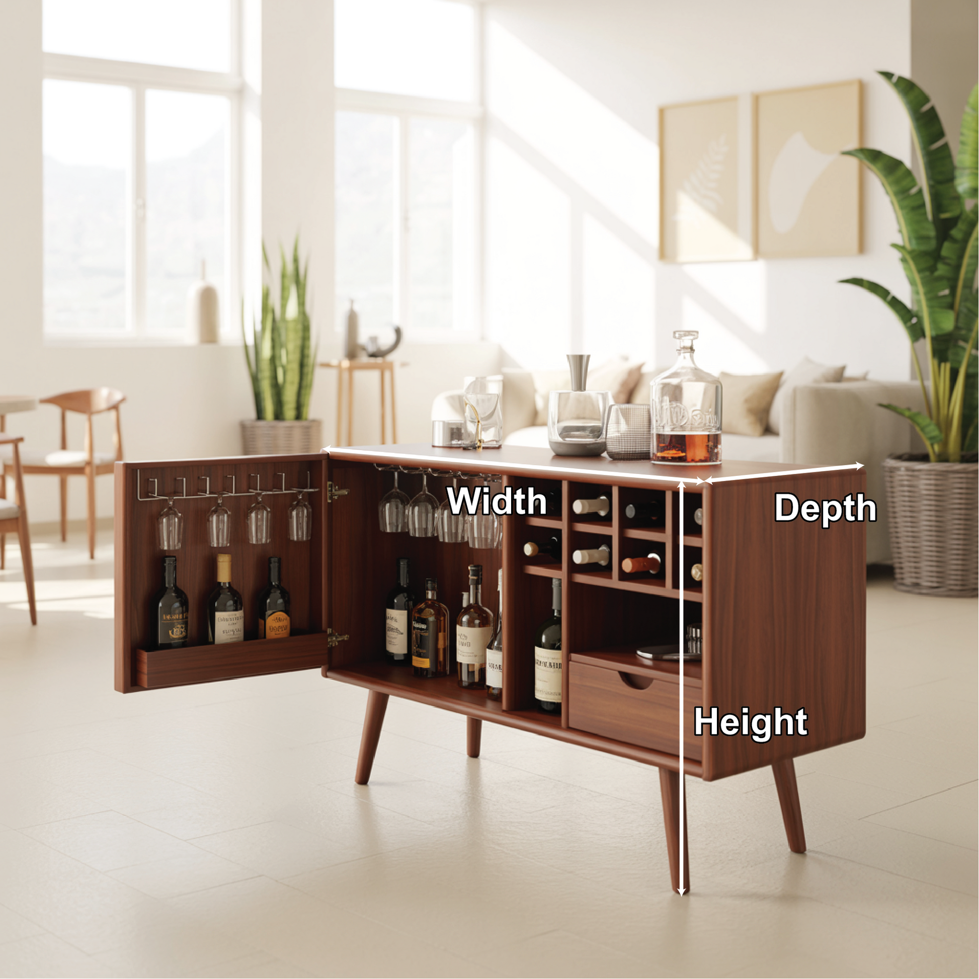 Solid Wood Wine Storage Cabinet with Glass Holders, Bottle Racks and Modern Mid-Century Design Kitchnce