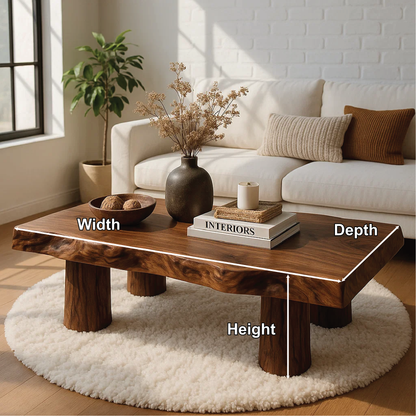 Handcrafted Solid Wood Coffee Table with Organic Live Edge and Cylindrical Leg Design Kitchnce