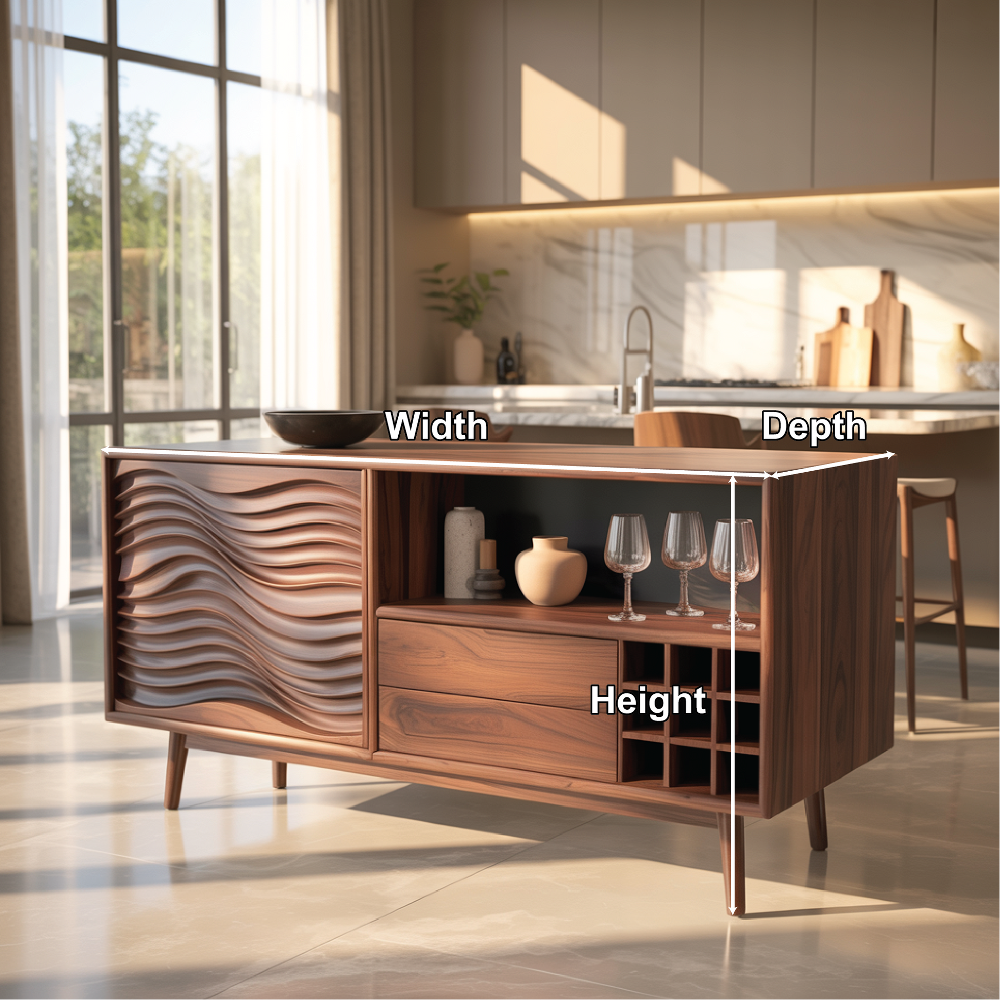 Handcrafted Solid Wood Dining Cabinet with Wave Carved Door, Open Display Shelf and Wine Storage Kitchnce