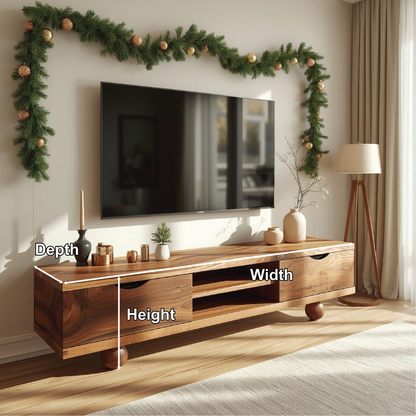 Handcrafted Solid Wood TV Stand with Natural Live Edge Design and Modern Rounded Base Legs Kitchnce