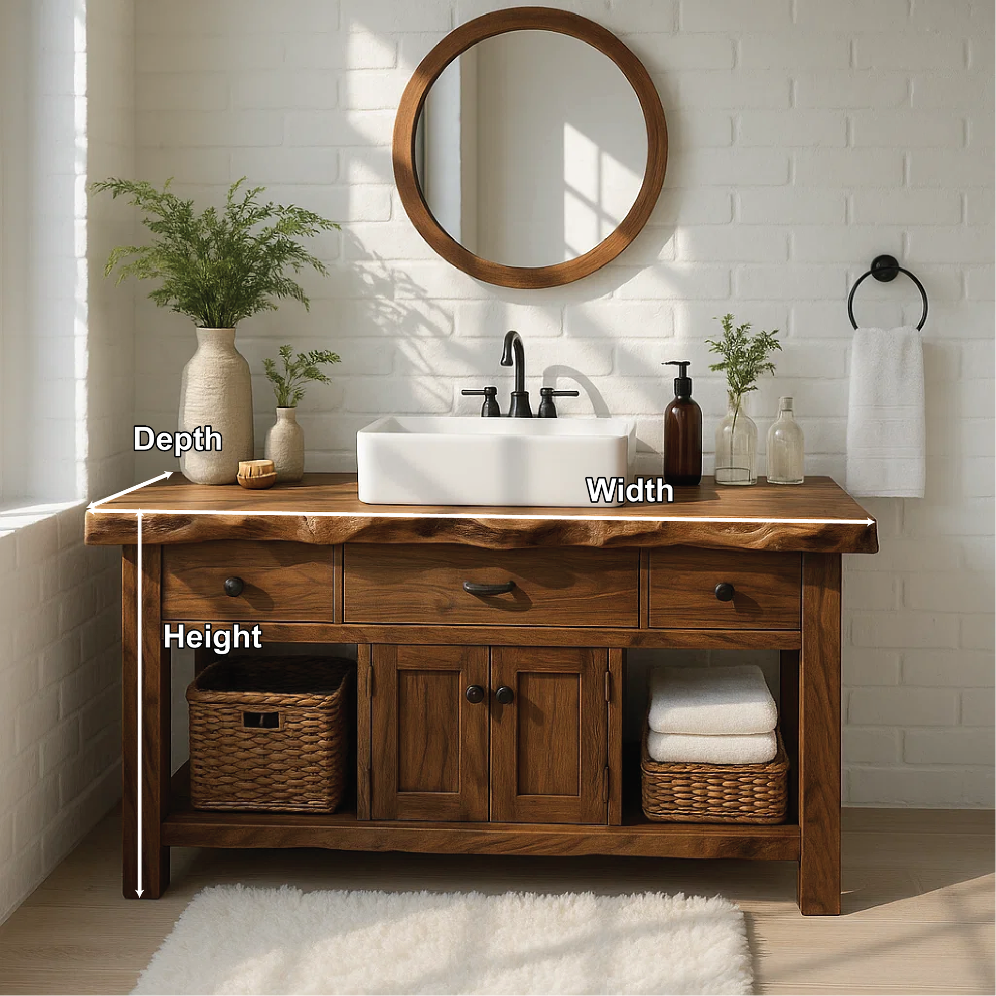 Handcrafted Solid Wood Vanity with Live Edge Top and Rustic Cabinet Storage Design Kitchnce