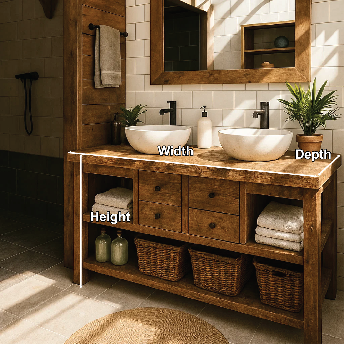 Rustic Double Sink Solid Wood Bathroom Vanity with Drawers and Open Storage Handmade Design Kitchnce