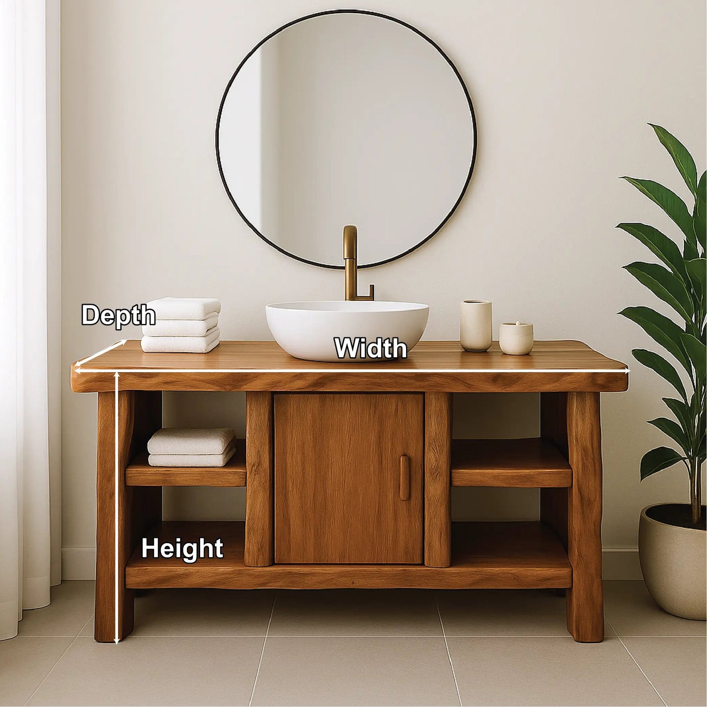 Handcrafted Solid Wood Bathroom Vanity with Center Cabinet and Open Shelves in Natural Finish Kitchnce