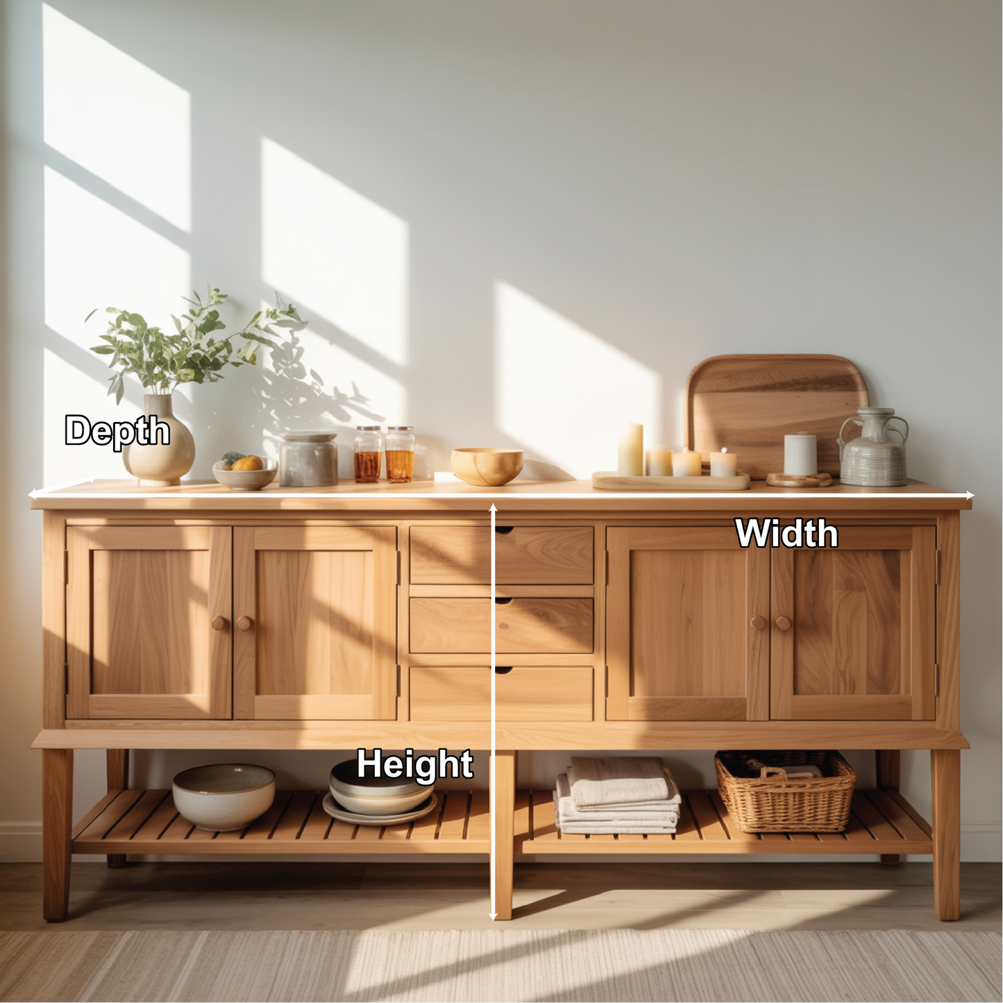 Handcrafted Solid Wood Dining Storage Sideboard with Open Lower Shelf and Multi-Drawer Design Kitchnce