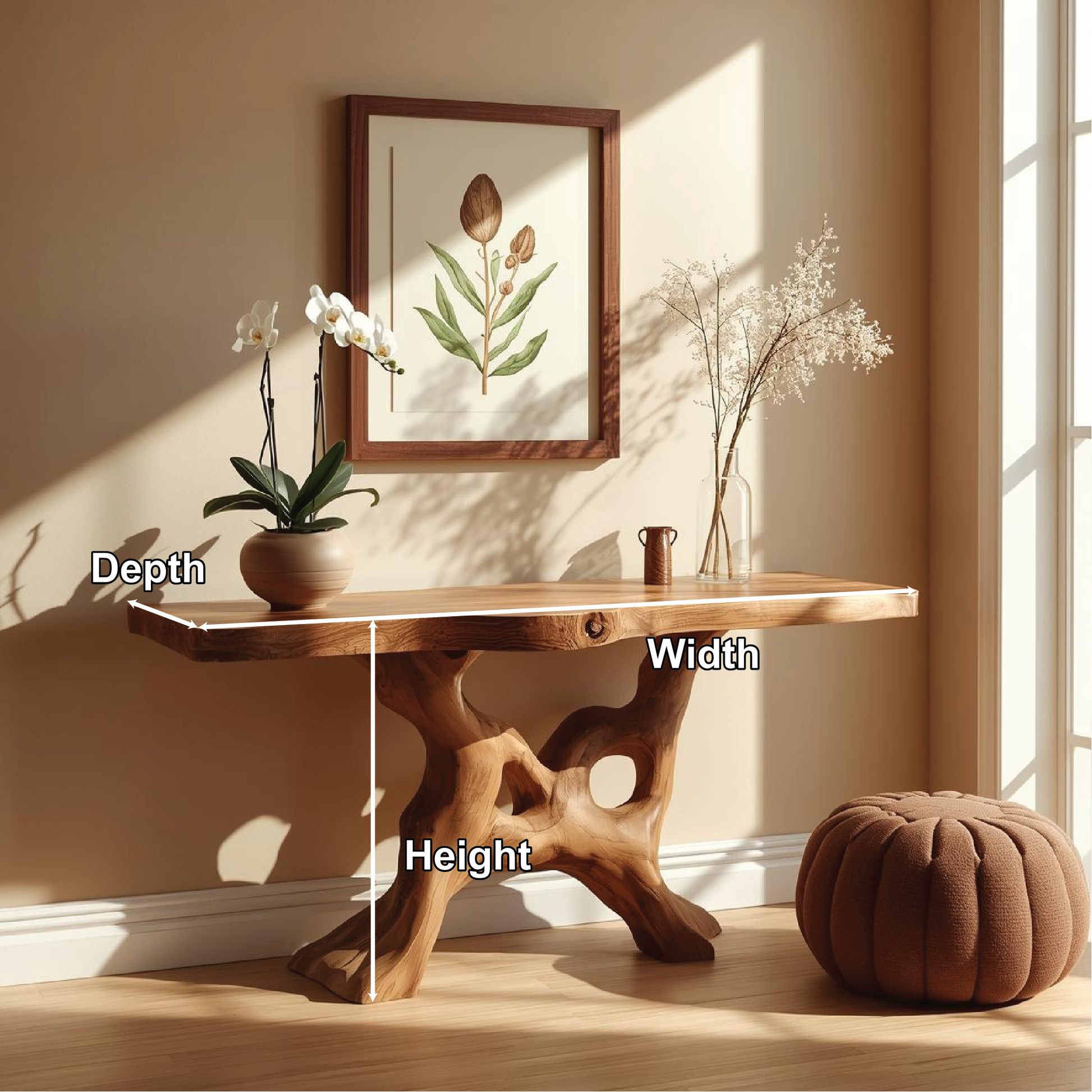 Handcrafted Solid Wood Console Table with Organic Root-Inspired Base and Natural Live Edge Kitchnce