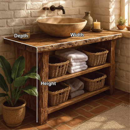 Rustic Handcrafted Solid Wood Bathroom Vanity with Open Shelves and Natural Live Edge Design Kitchnce