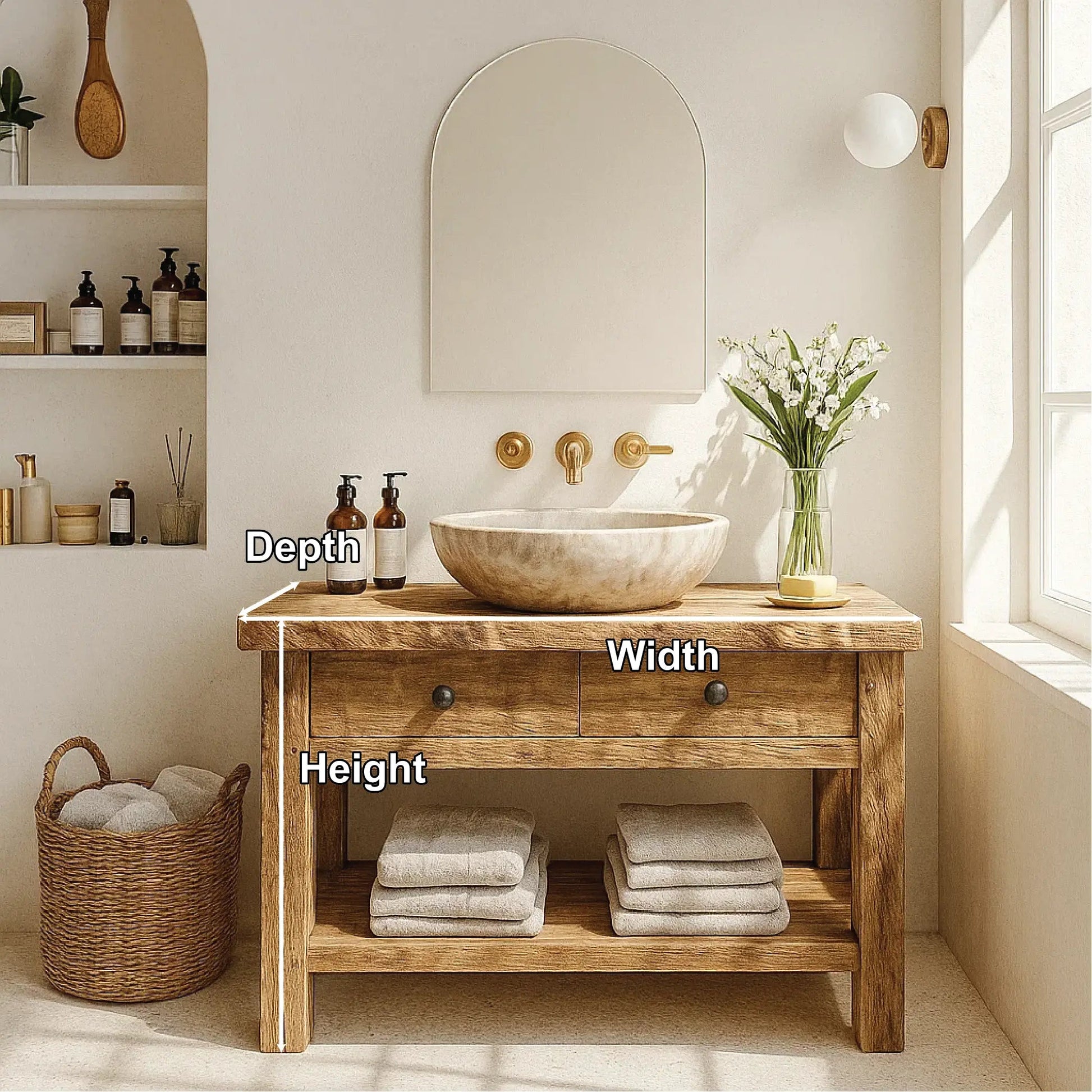 Handcrafted Solid Wood Bathroom Vanity with Double Drawers and Shelf for Natural Modern Homes Kitchnce