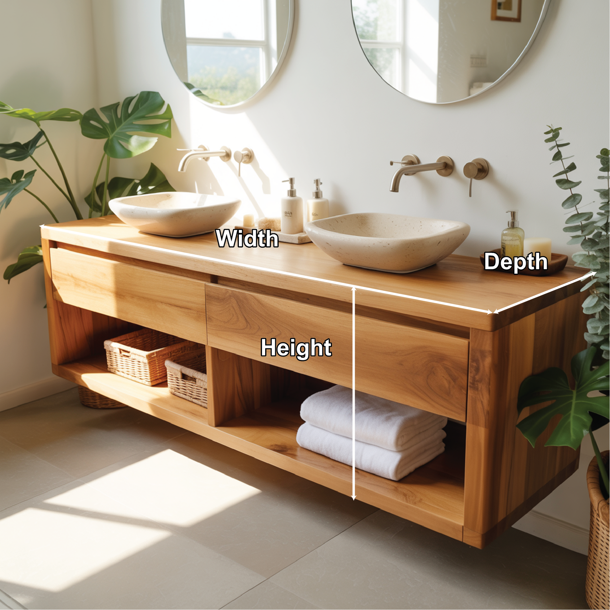 Floating solid wood vanity with double sinks – handcrafted bathroom furniture for modern homes Kitchnce