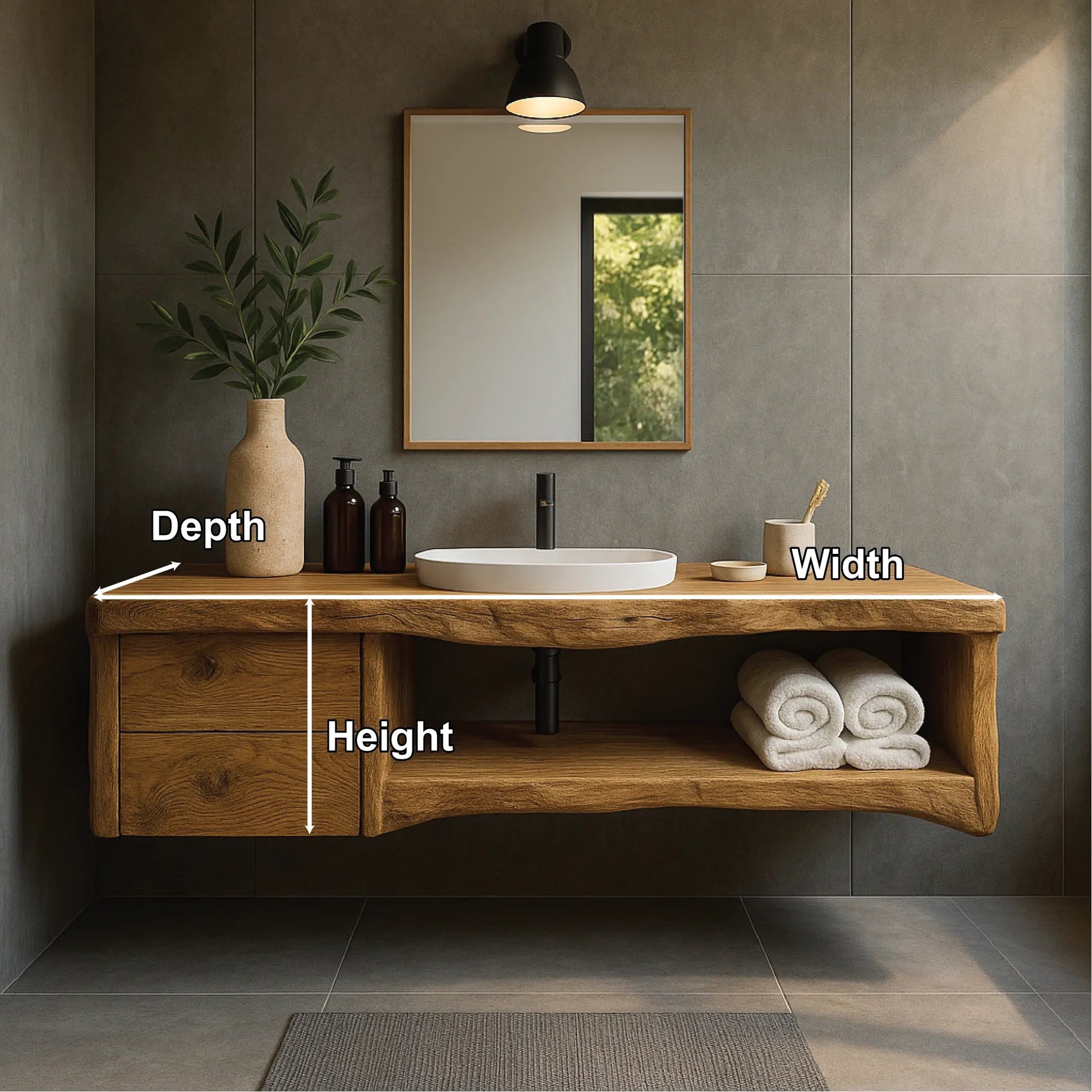 Handcrafted Solid Wood Floating Vanity with Natural Live Edge Design and Modern Minimalist Style Kitchnce