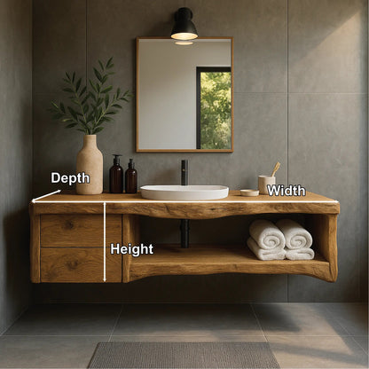 Handcrafted Solid Wood Floating Vanity with Natural Live Edge Design and Modern Minimalist Style Kitchnce