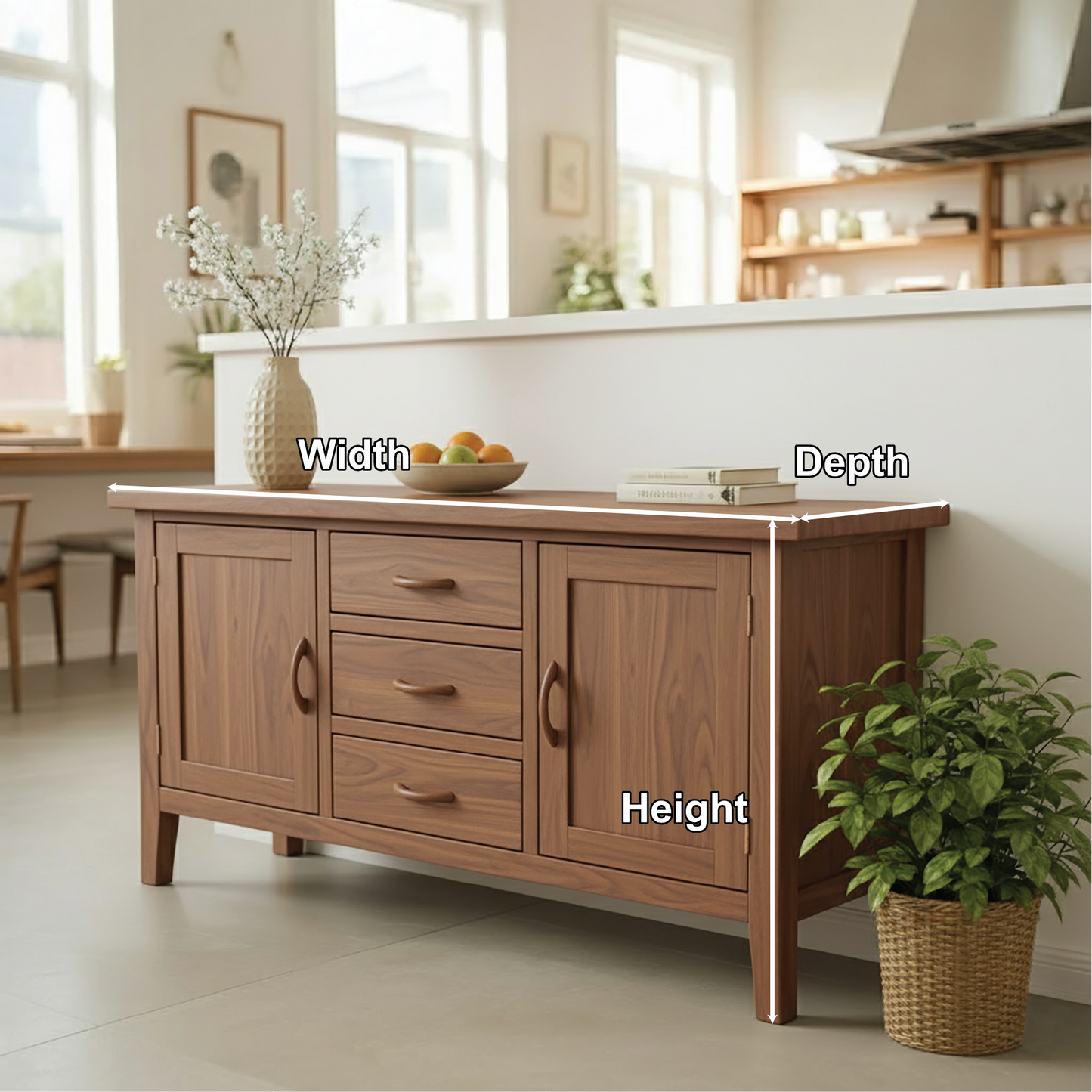 Handcrafted Solid Wood Dining Storage Cabinet with Center Drawers and Side Doors for Modern Homes Kitchnce