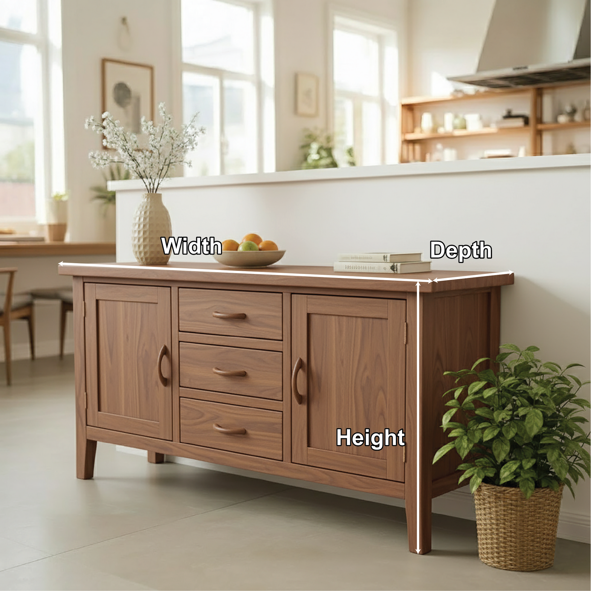 Handcrafted Solid Wood Dining Storage Cabinet with Center Drawers and Side Doors for Modern Homes Kitchnce