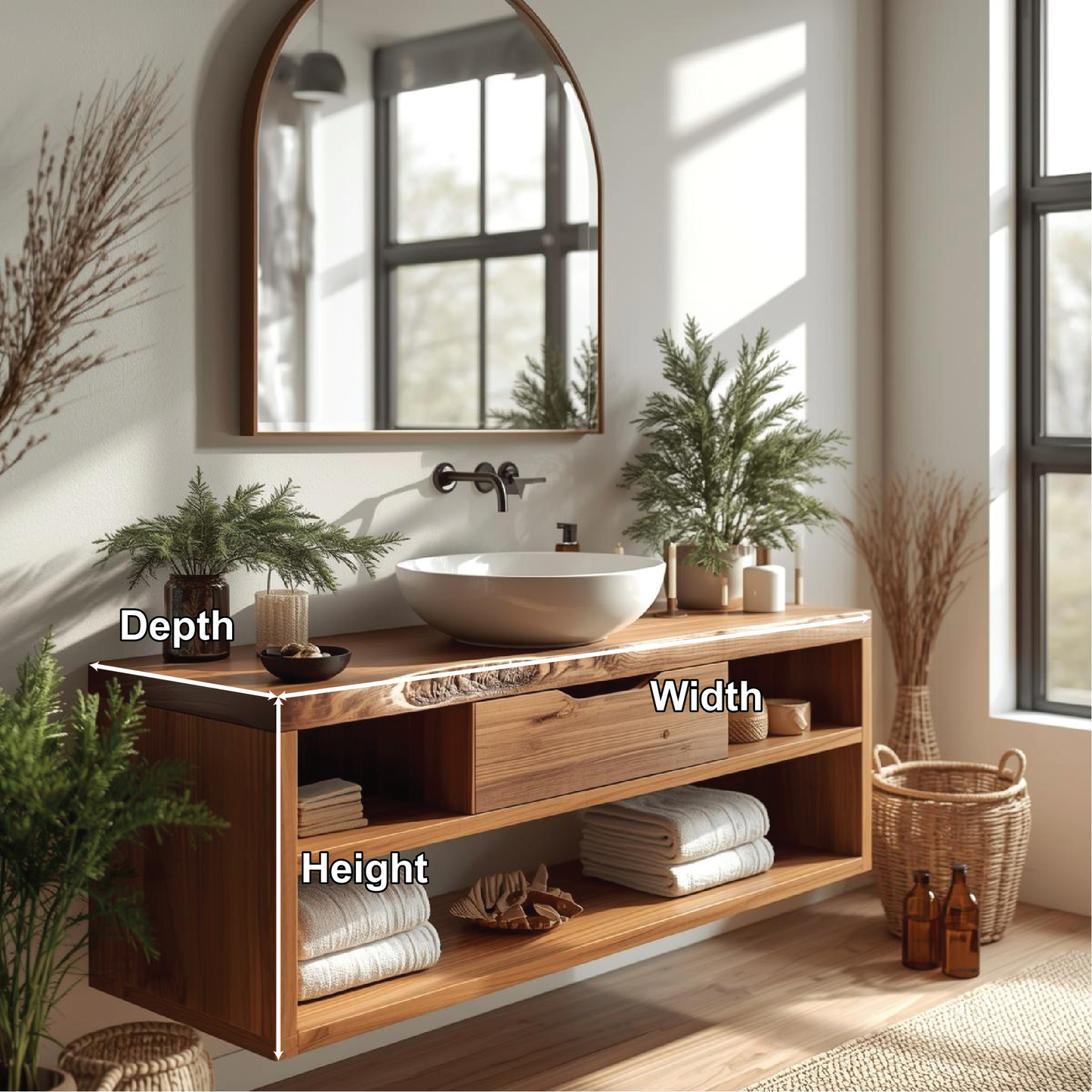 Handcrafted Solid Wood Floating Bathroom Vanity with Open Shelf Storage and Natural Live Edge Kitchnce