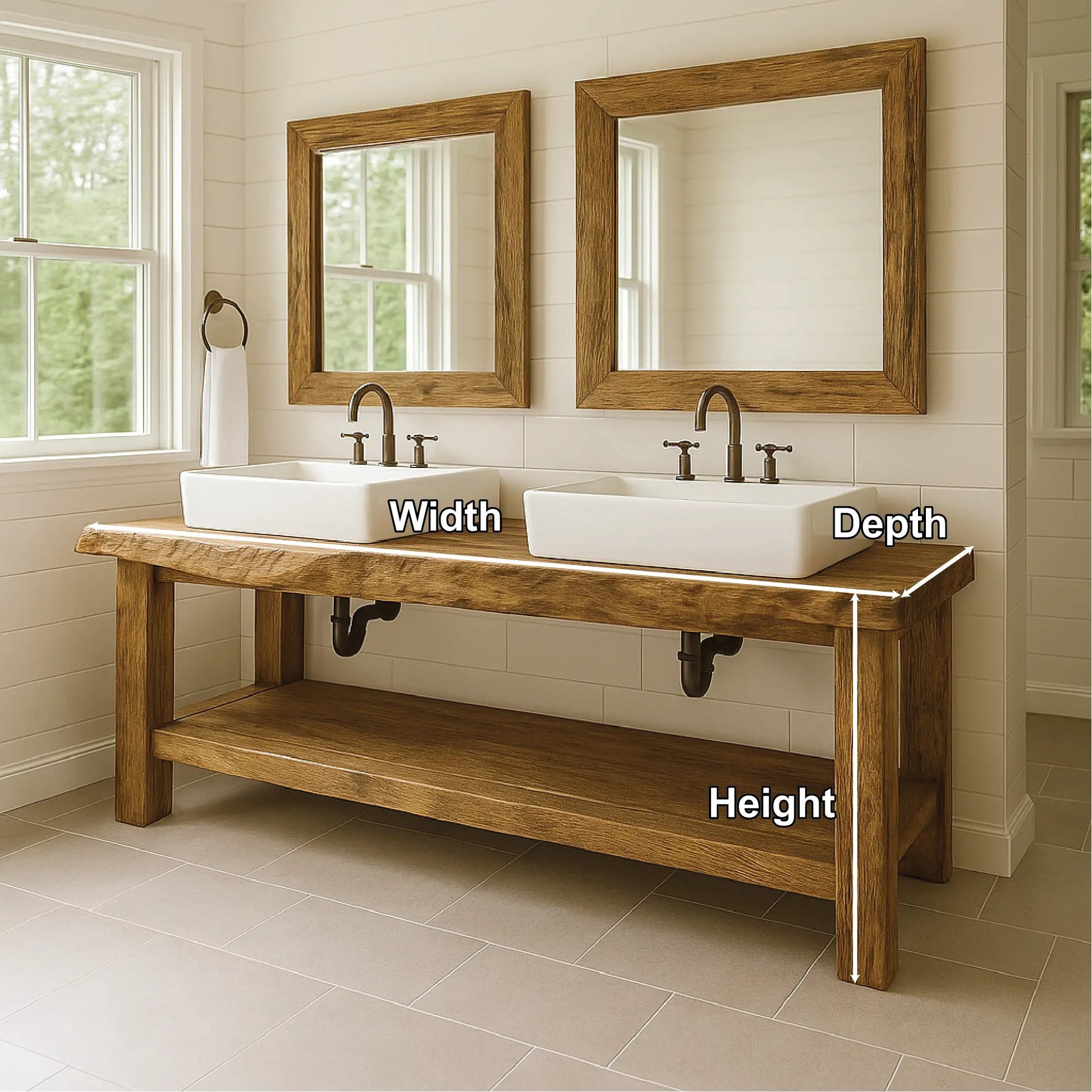 Handcrafted Double Sink Solid Wood Bathroom Vanity with Natural Finish for Modern Rustic Spaces Kitchnce
