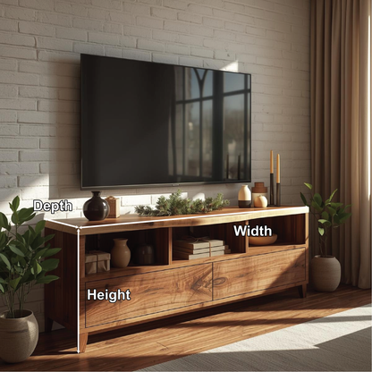 Handcrafted Solid Wood TV Stand with Natural Live Edge and Modern Open Storage Design Kitchnce