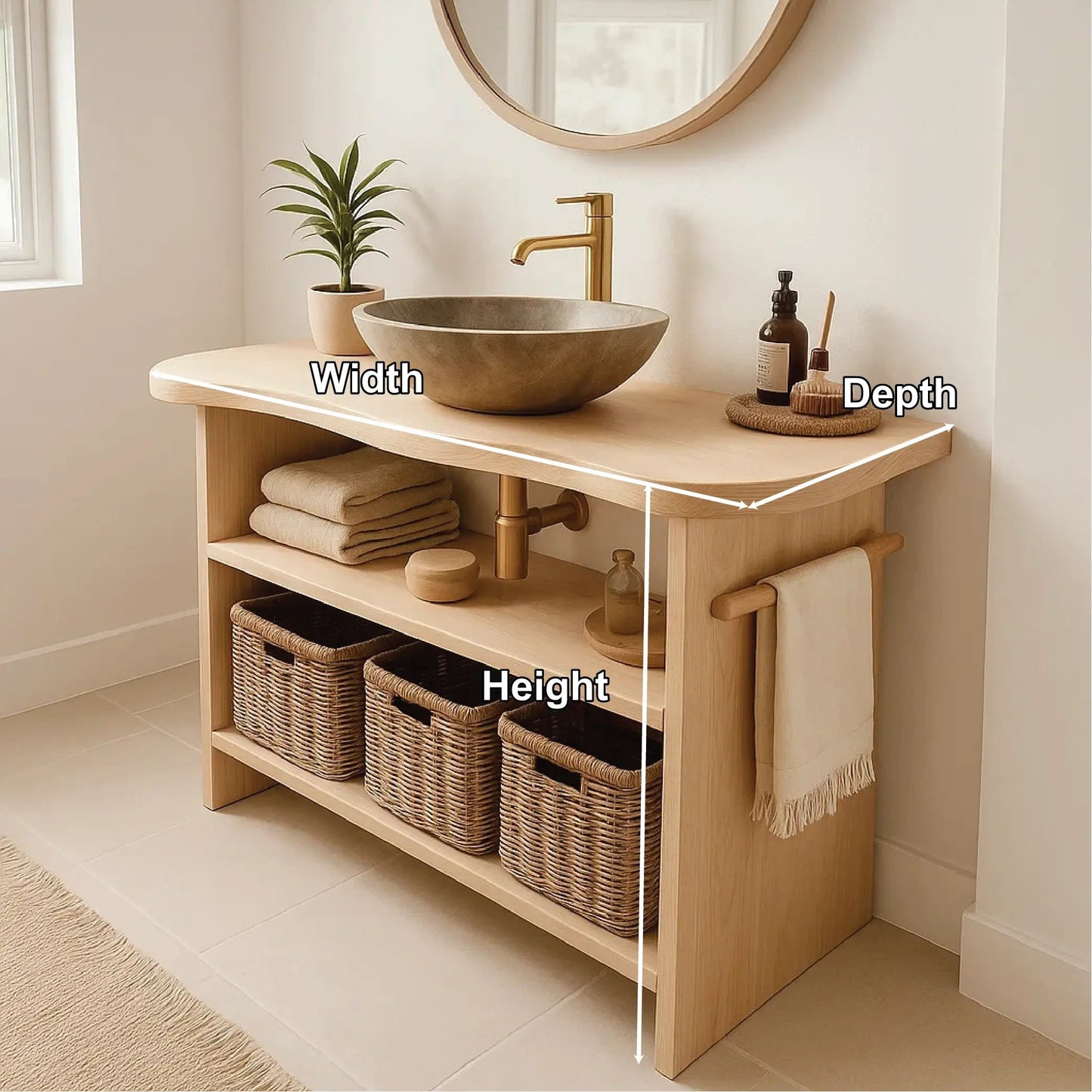 Handcrafted Solid Wood Bathroom Vanity with Curved Edge Design and Open Shelves for Modern Spaces Kitchnce