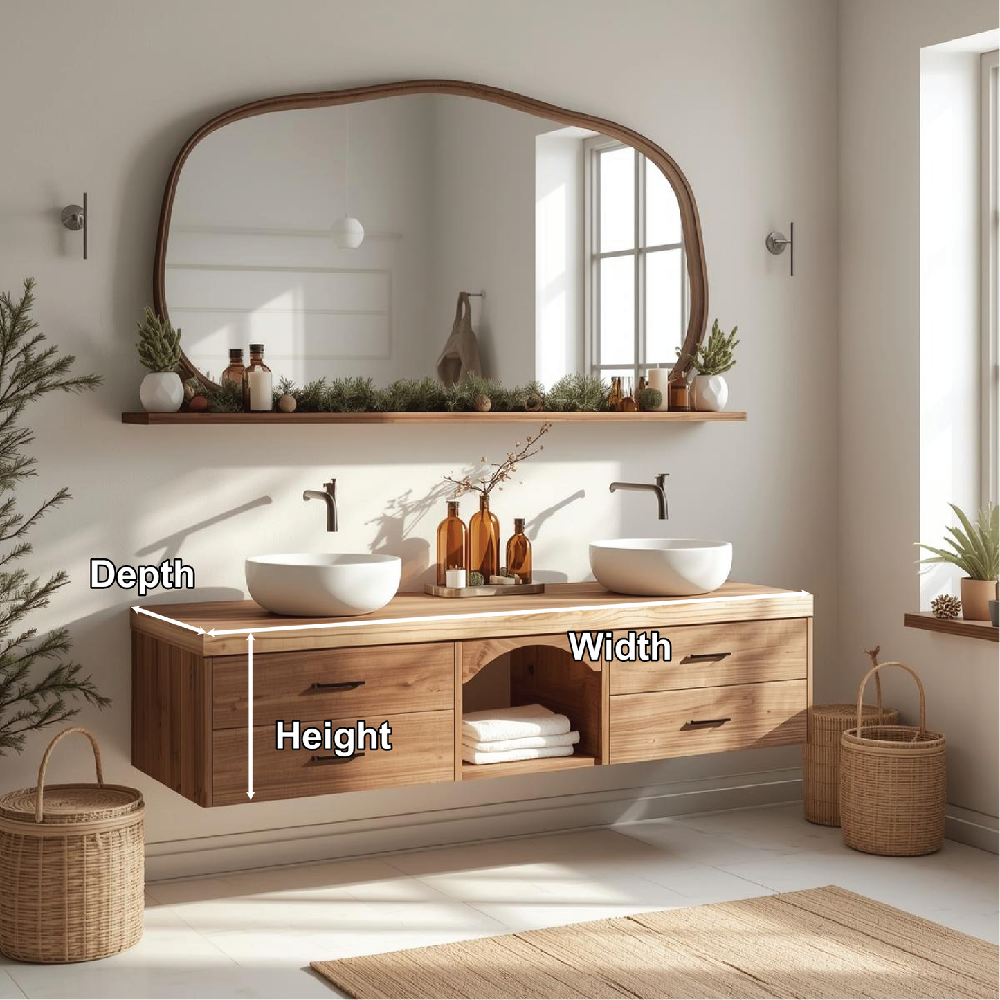 Handcrafted Solid Wood Floating Double Sink Vanity with Drawers and Natural Finish for Bathroom Kitchnce