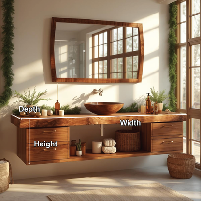 Handcrafted Solid Wood Floating Bathroom Vanity with Drawers and Natural Live Edge Countertop Kitchnce