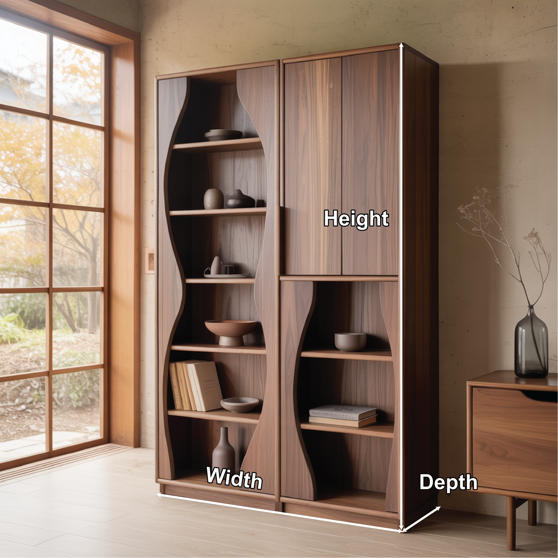 Handcrafted Solid Wood Dining Cabinet with Sculpted Curved Panels and Open Display Shelves Kitchnce