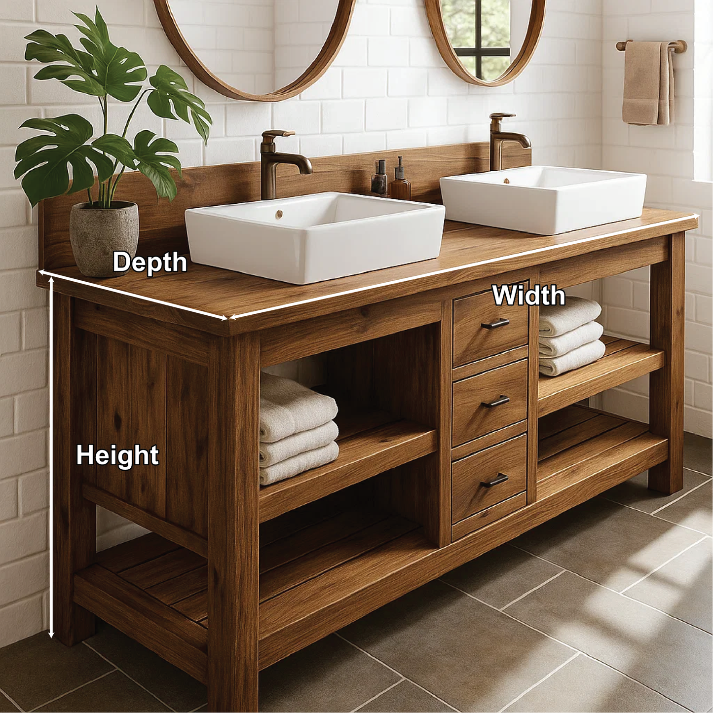 Handcrafted Double Bathroom Vanity in Solid Wood with Drawers and Open Shelves for Modern Spaces Kitchnce