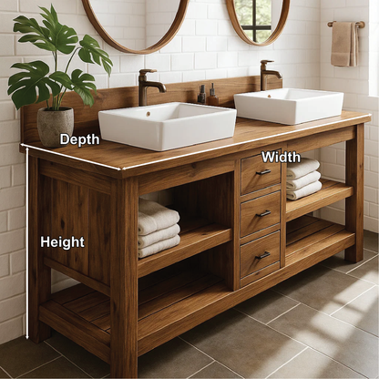 Handcrafted Double Bathroom Vanity in Solid Wood with Drawers and Open Shelves for Modern Spaces Kitchnce