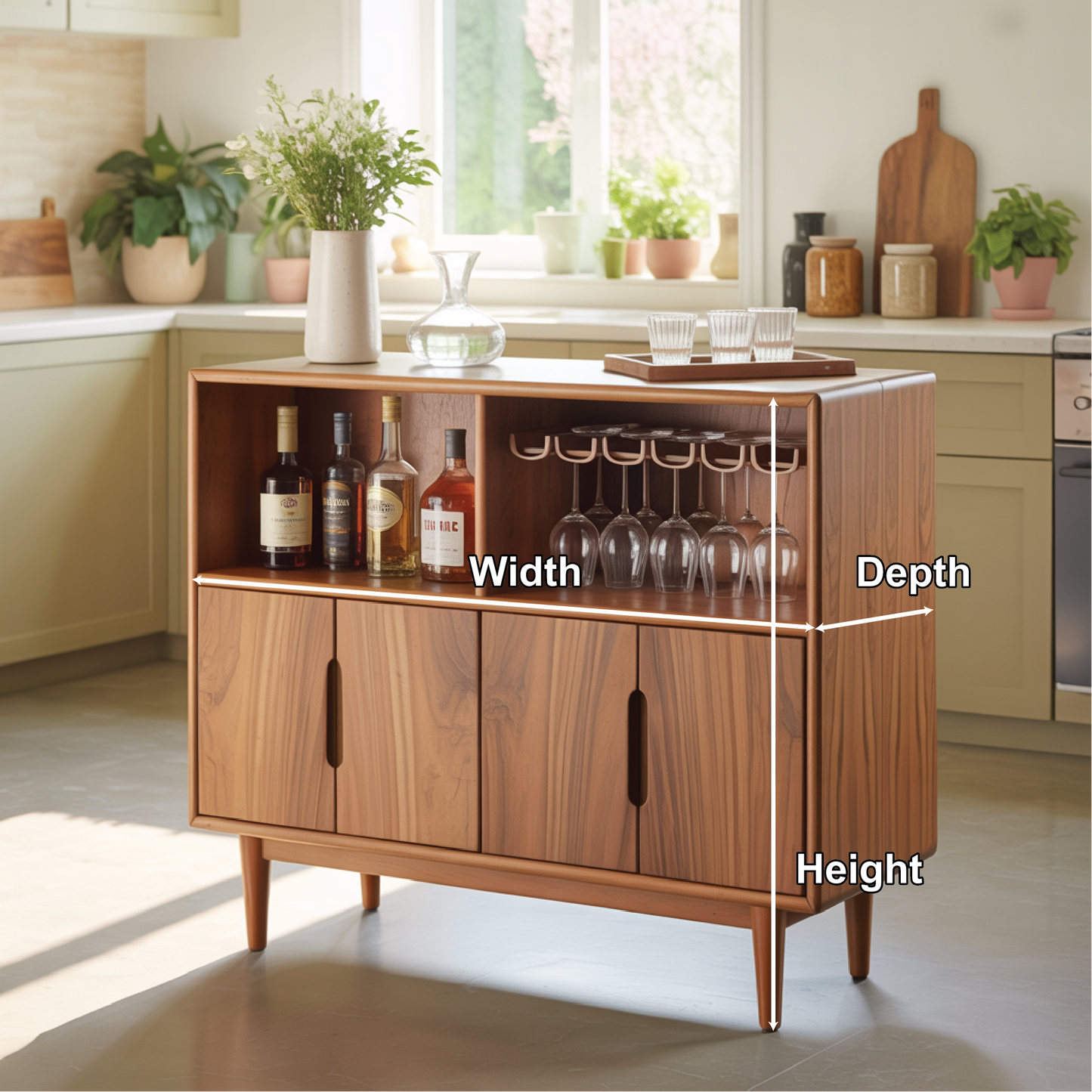 Handcrafted Solid Wood Dining Cabinet with Wine Storage and Hanging Glass Rack Kitchnce