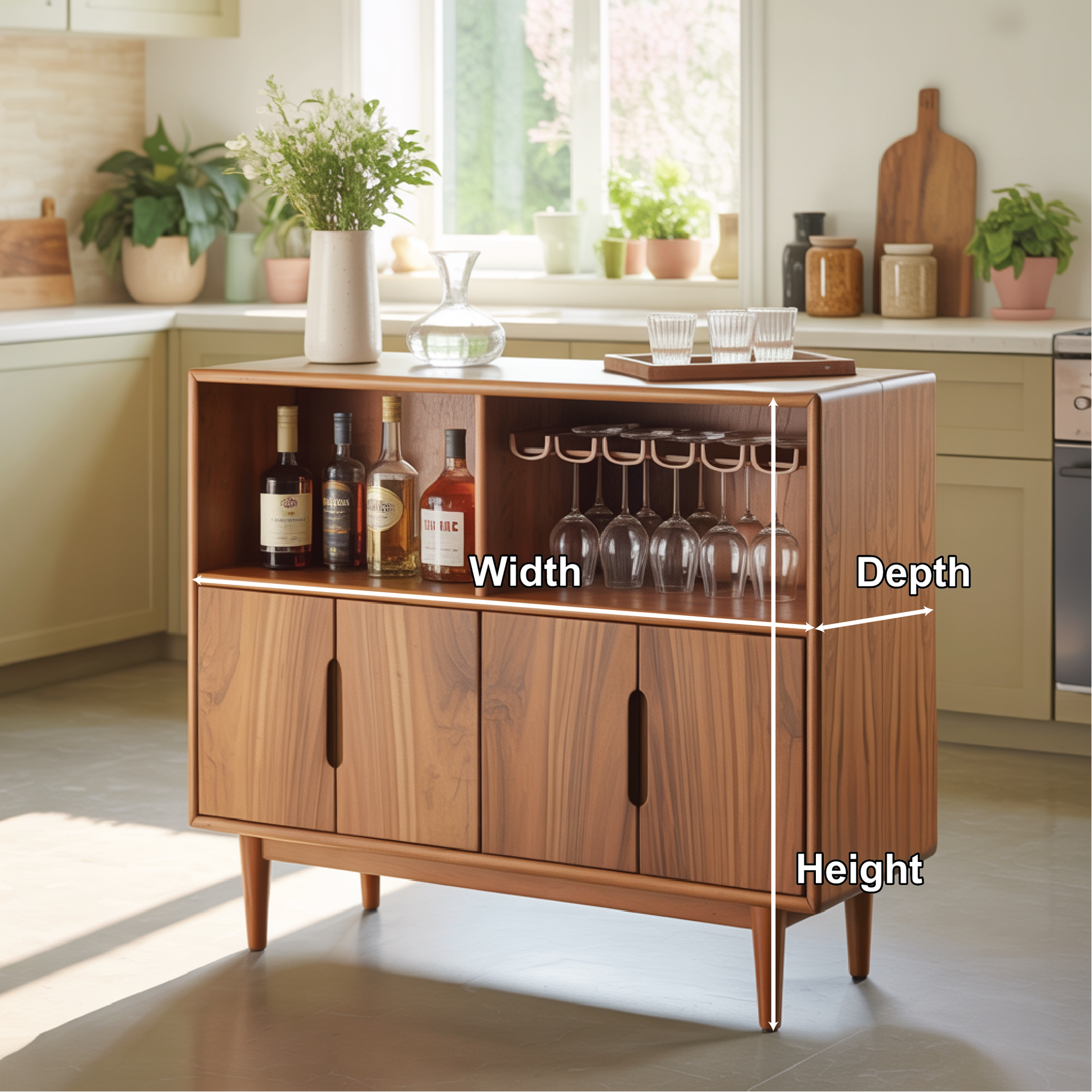 Handcrafted Solid Wood Dining Cabinet with Wine Storage and Hanging Glass Rack Kitchnce