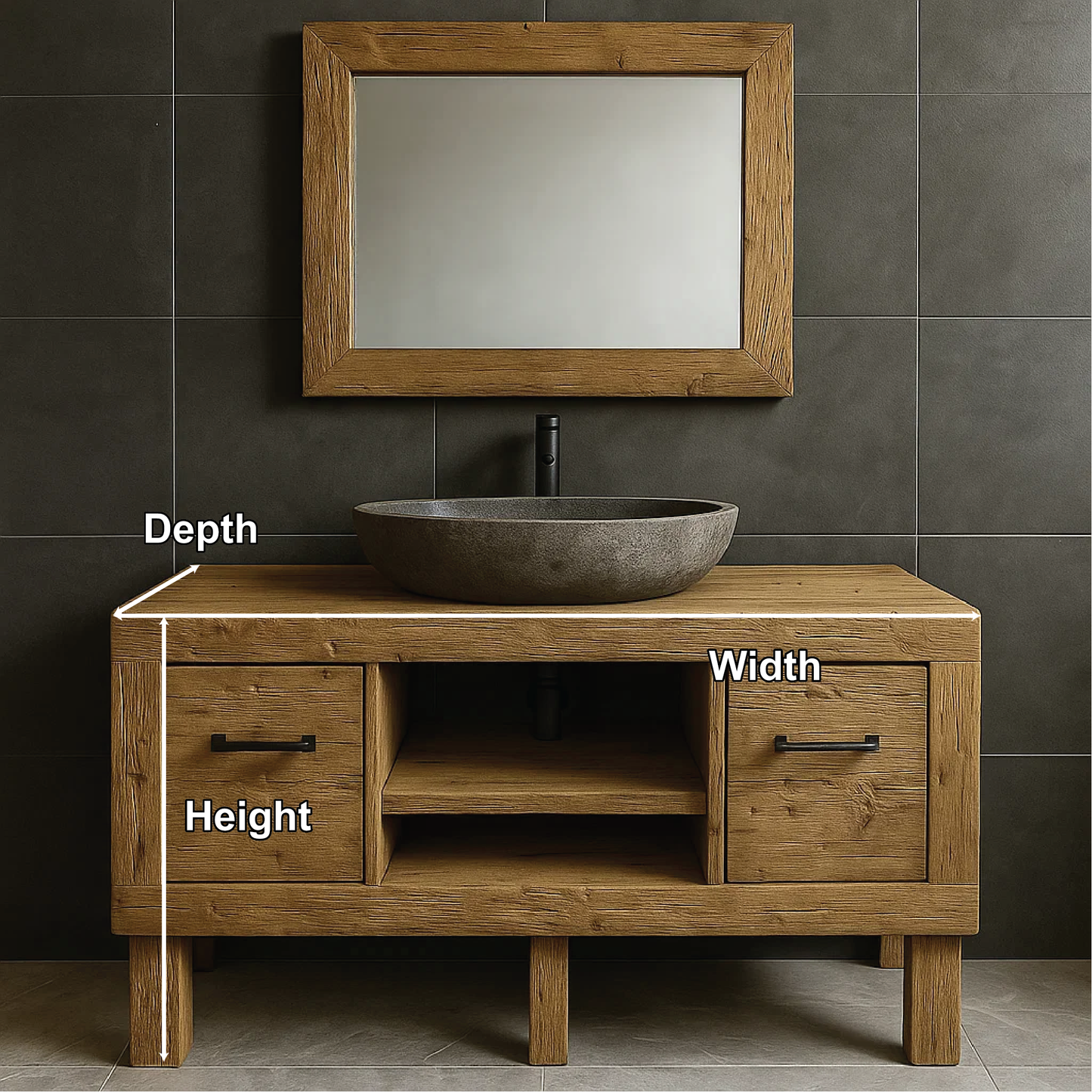 Modern Rustic Handcrafted Solid Wood Bathroom Vanity with Storage Drawers and Open Shelves Kitchnce