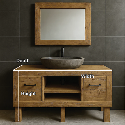 Modern Rustic Handcrafted Solid Wood Bathroom Vanity with Storage Drawers and Open Shelves Kitchnce