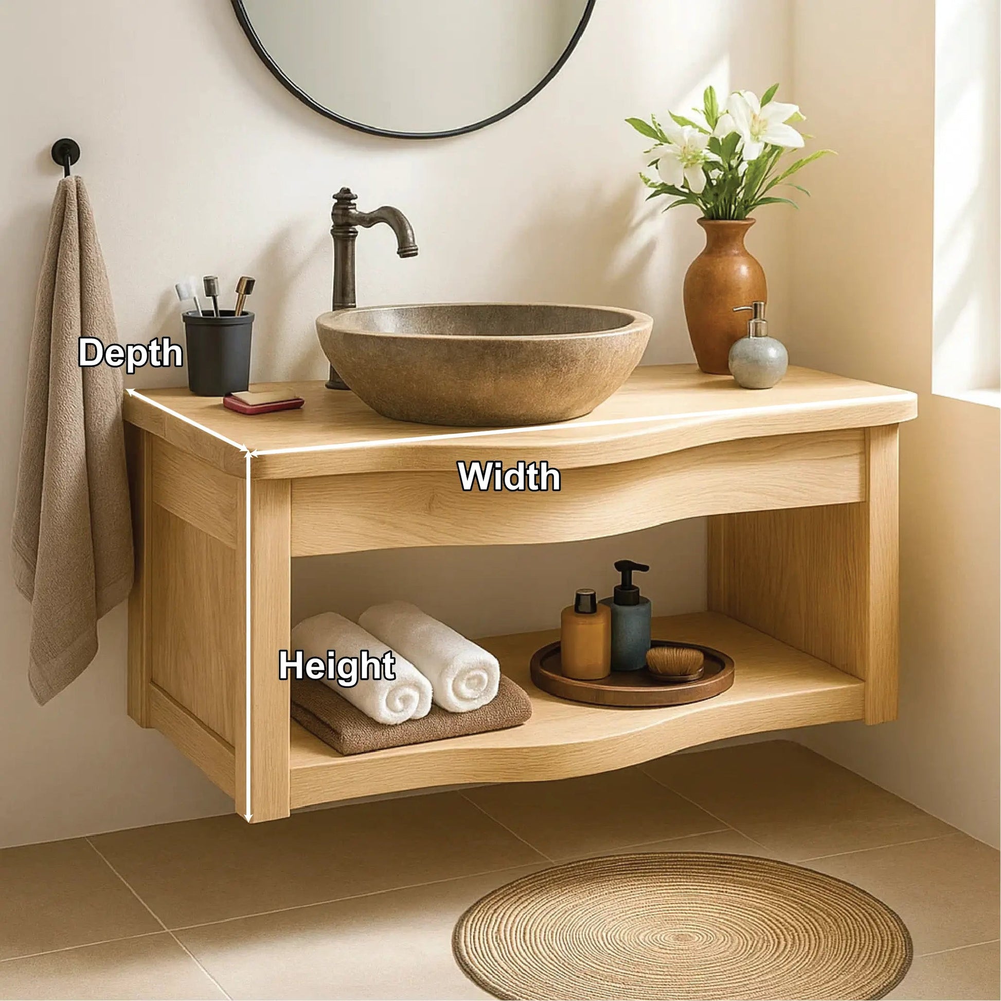Handcrafted Solid Wood Floating Vanity with Curved Edge Design and Open Shelf Bathroom Storage Kitchnce