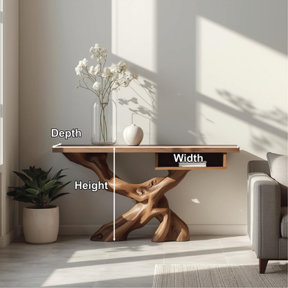 Handcrafted Solid Wood Console Table with Organic Tree-Root Base and Floating Shelf Design Kitchnce