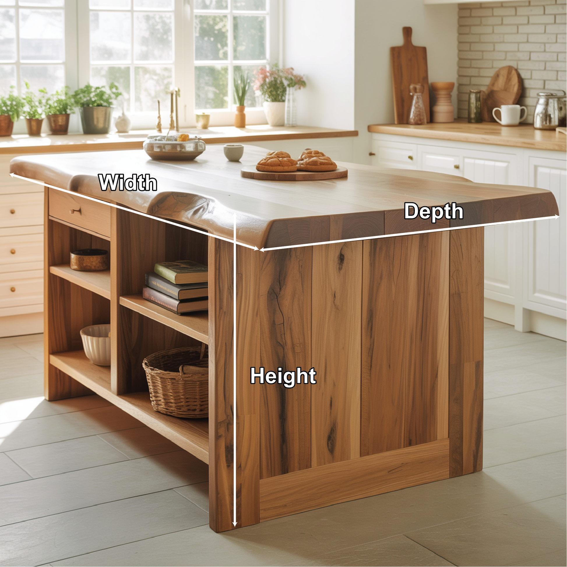 Handcrafted Solid Wood Kitchen Island with Live-Edge Top and Open Storage Shelves Kitchnce